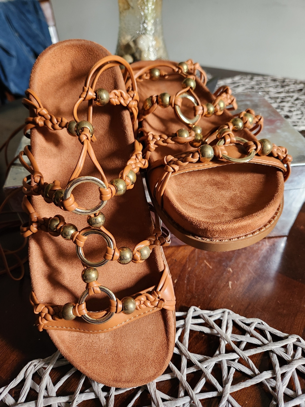 Women's Tan Braided Ring Detail Sandals